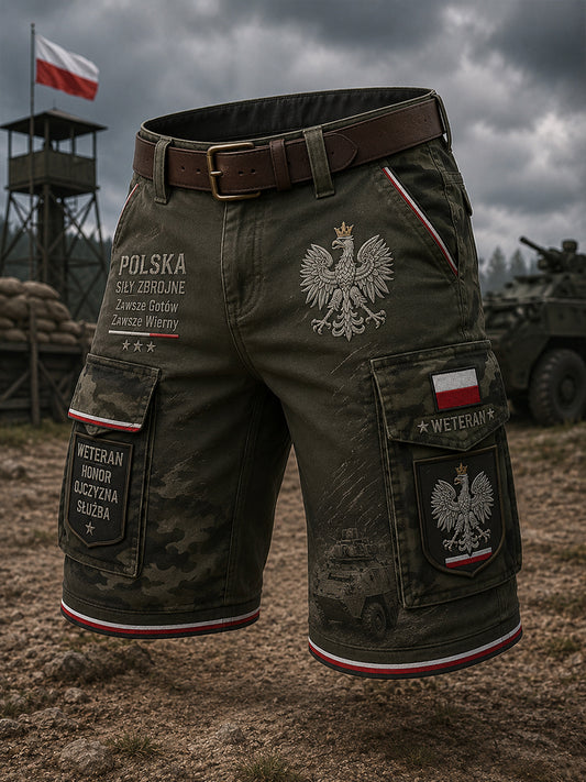 Męskie krótkie spodnie cargo z wiktoriańskim, wojskowym wzorem