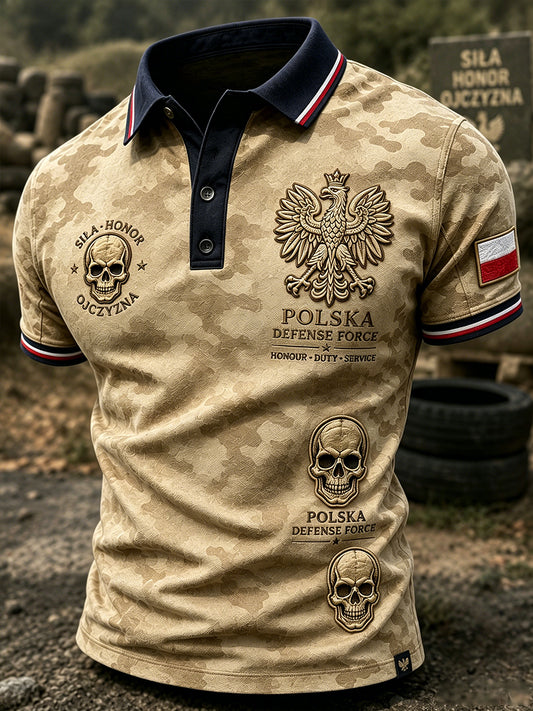Męski koszulowy polo z krótkim rękawem i wiktoriańskim nadrukiem w stylu wojskowym