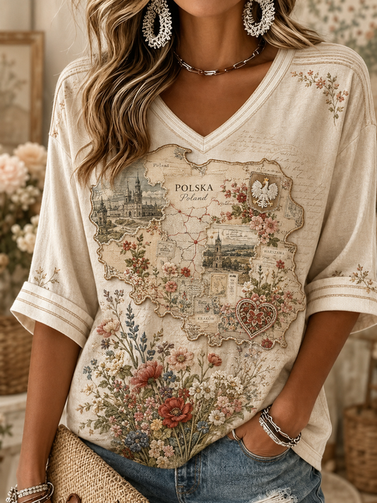 Damski lniany t-shirt z kwiatowym motywem Polski i krótkim rękawem