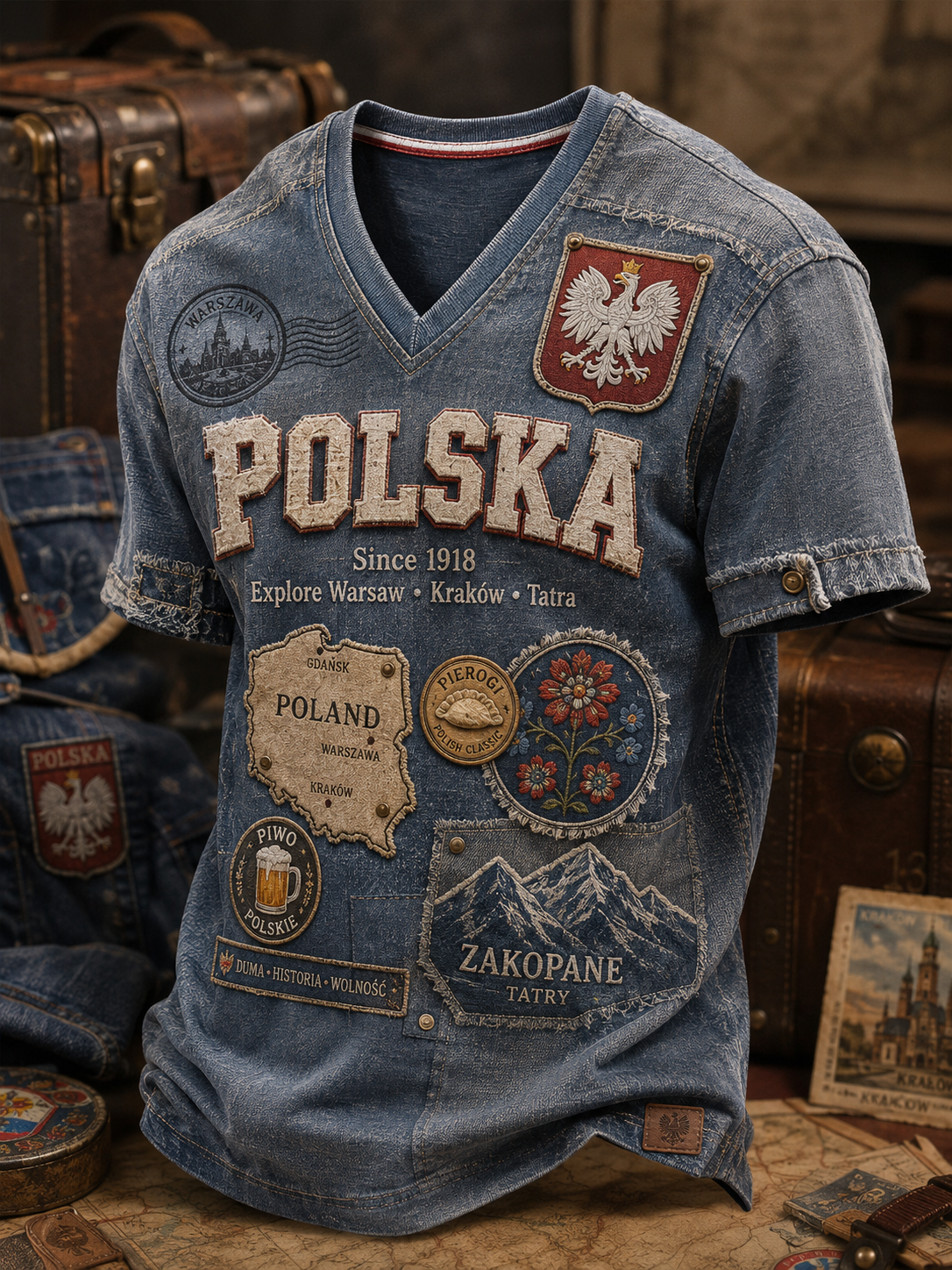 Męski t-shirt z V-kształtnym dekoltem w kolorze polskiej flagi
