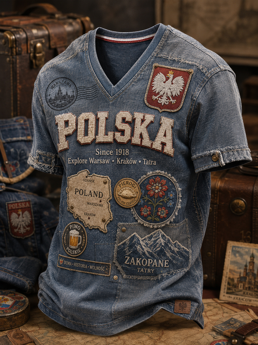 Męski t-shirt z V-kształtnym dekoltem w kolorze polskiej flagi