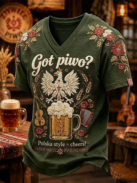 Męski t-shirt z V-kształtnym dekoltem w kolorze polskiej flagi