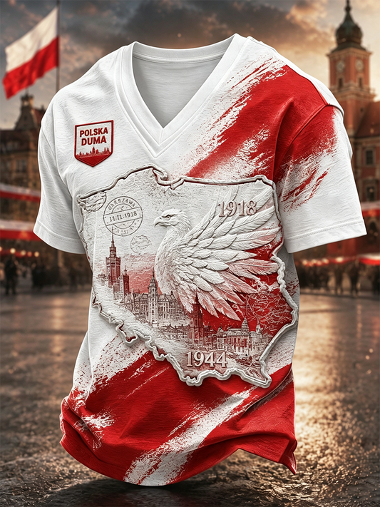 Męski t-shirt z V-kształtnym dekoltem w kolorze polskiej flagi