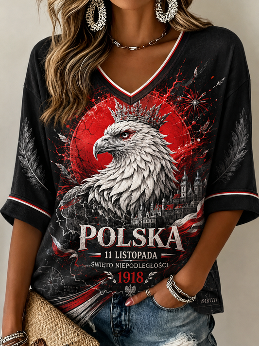 Damski lniany t-shirt z krótkim rękawem na Dzień Niepodległości Polski