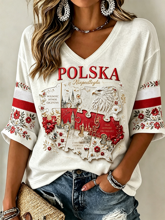 Damski lniany t-shirt z krótkim rękawem na Dzień Niepodległości Polski