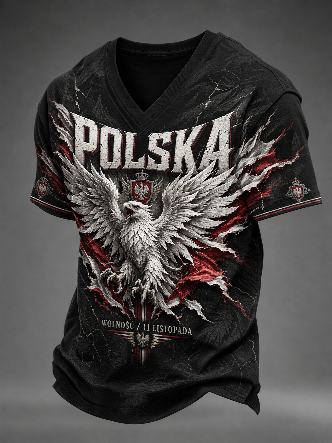 Męska koszulka z dekoltem w szpic z okazji Dnia Niepodległości Polski