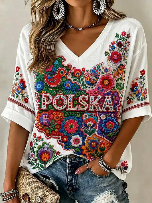 Damska Polska Lniana koszulka z krótkim rękawem