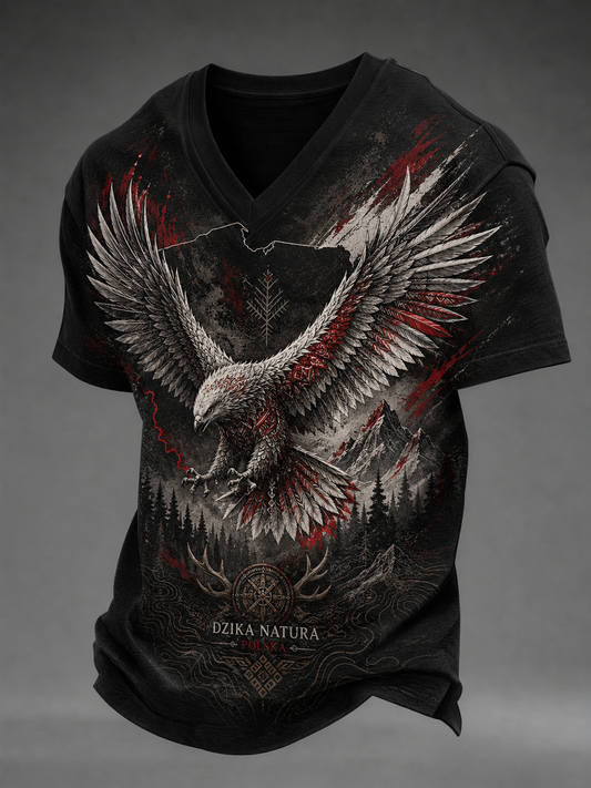 Męski t-shirt z V-kształtnym dekoltem w kolorze polskiej flagi