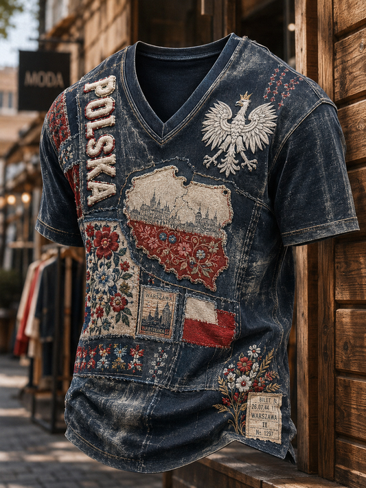 Męski t-shirt z V-kształtnym dekoltem w kolorze polskiej flagi
