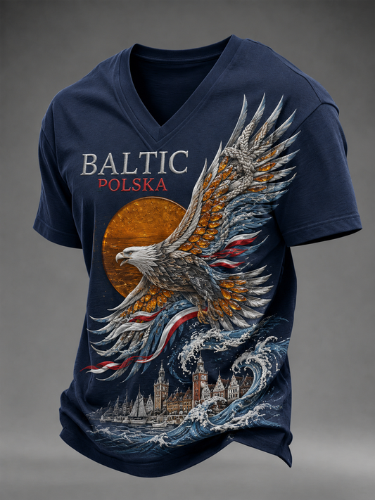 Męski t-shirt z V-kształtnym dekoltem w kolorze polskiej flagi