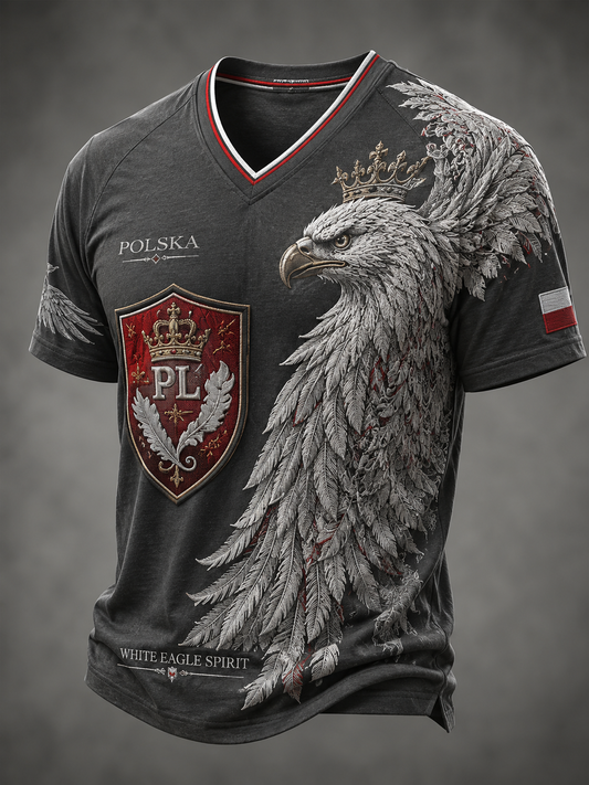 Męski t-shirt z V-kształtnym dekoltem w kolorze polskiej flagi