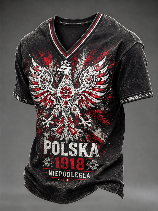 Męski t-shirt z dekoltem w kształcie litery V na Dzień Niepodległości Polski