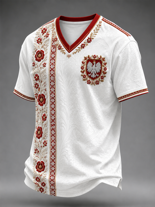 Męski t-shirt z V-kształtnym dekoltem w kolorze polskiej flagi