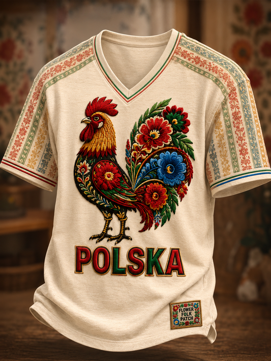 Męski t-shirt z V-kształtnym dekoltem z Polską