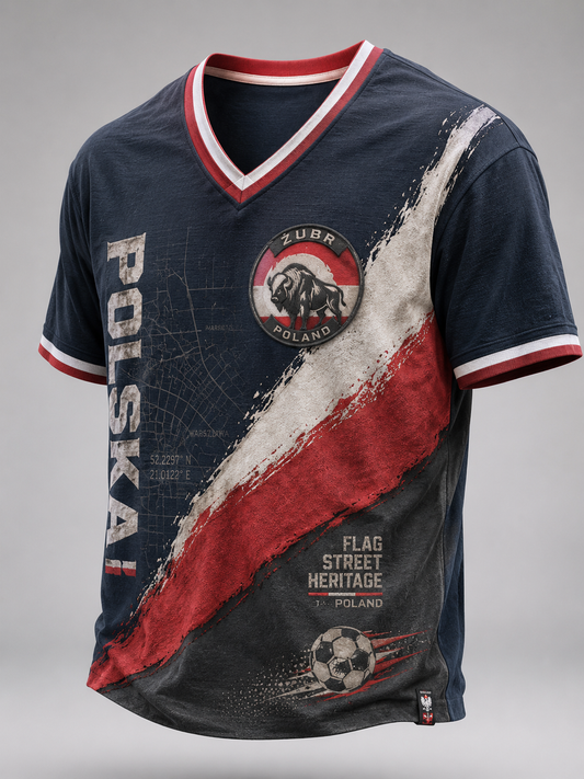 Męski t-shirt z V-kształtnym dekoltem z Polską