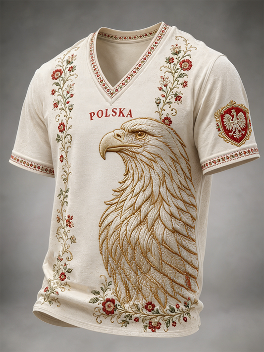 Męski t-shirt z V-kształtnym dekoltem z Polską