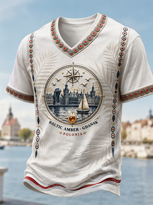 Męski t-shirt z V-kształtnym dekoltem z Polską