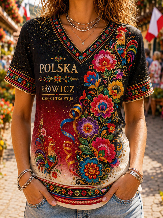 Damski t-shirt na co dzień z wiktoriańskim polskim nadrukiem artystycznym
