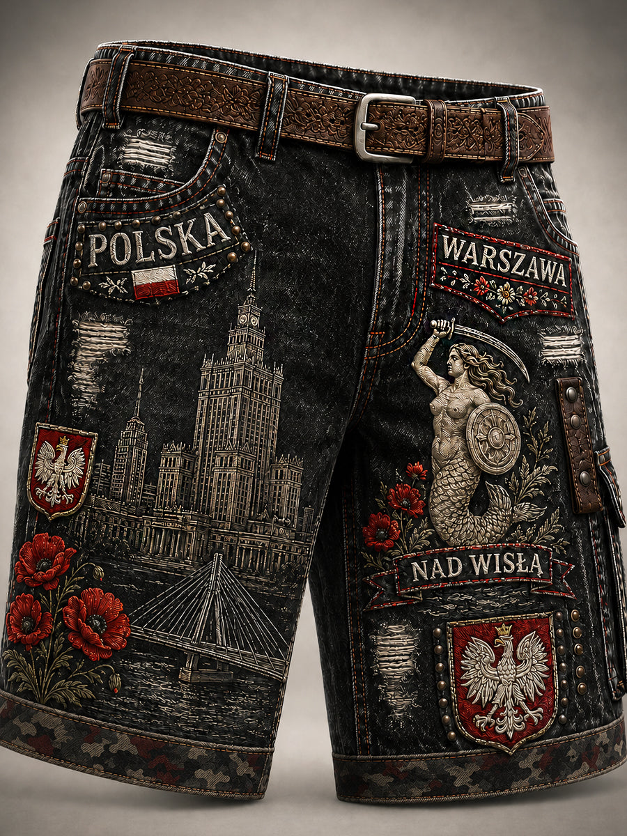 Męskie spodnie cargo w stylu vintage z polskim nadrukiem artystycznym