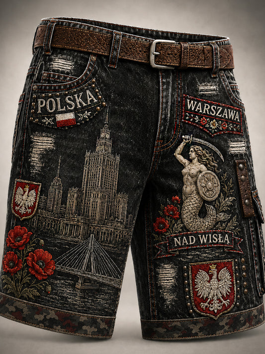 Męskie spodnie cargo w stylu vintage z polskim nadrukiem artystycznym