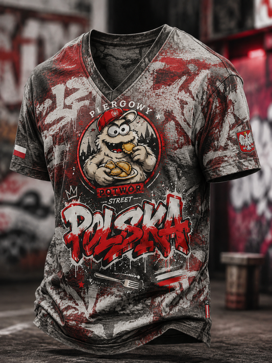Męski t-shirt z V-kształtnym dekoltem z Polską