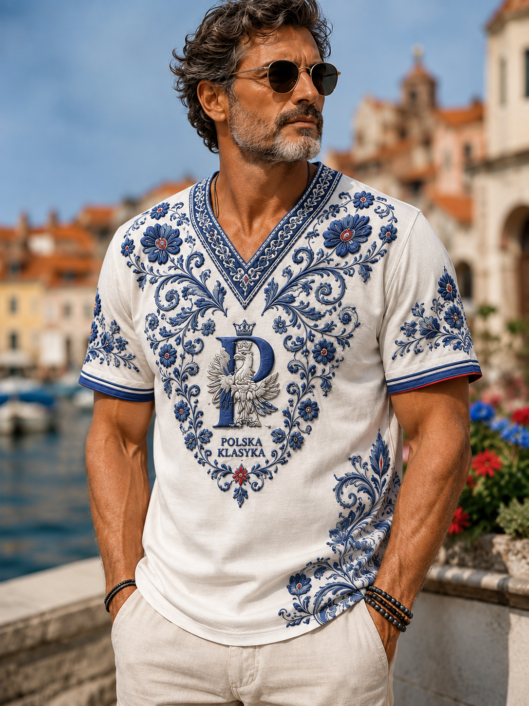 Męski t-shirt z V-kształtnym dekoltem z Polską