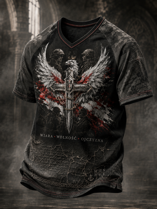 Męski t-shirt wojskowy polski z dekoltem w kształcie litery V