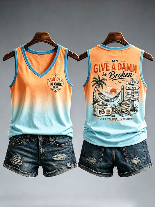 Damski tank top z napisem „My Give A Damn Is Broken”