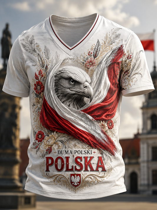 Męski t-shirt z V-kształtnym dekoltem z Polską