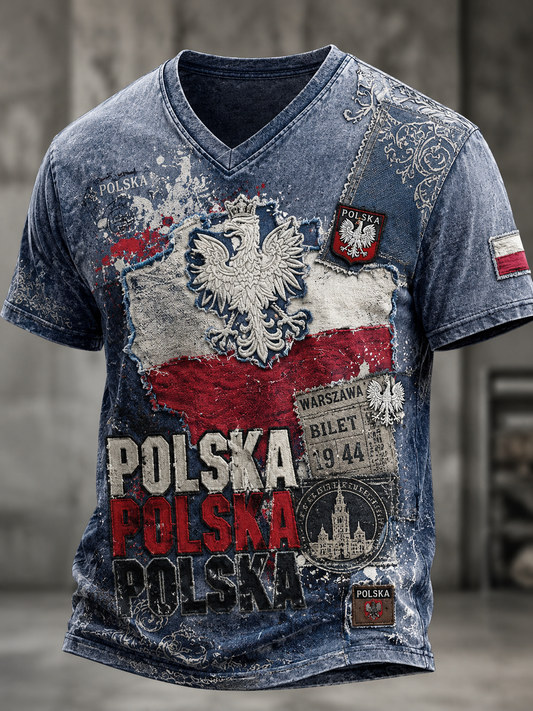 Męski t-shirt z V-kształtnym dekoltem z Polską