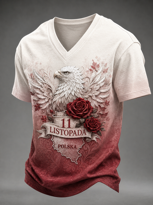 Męski t-shirt z Polską i dekoltem w kształcie litery V