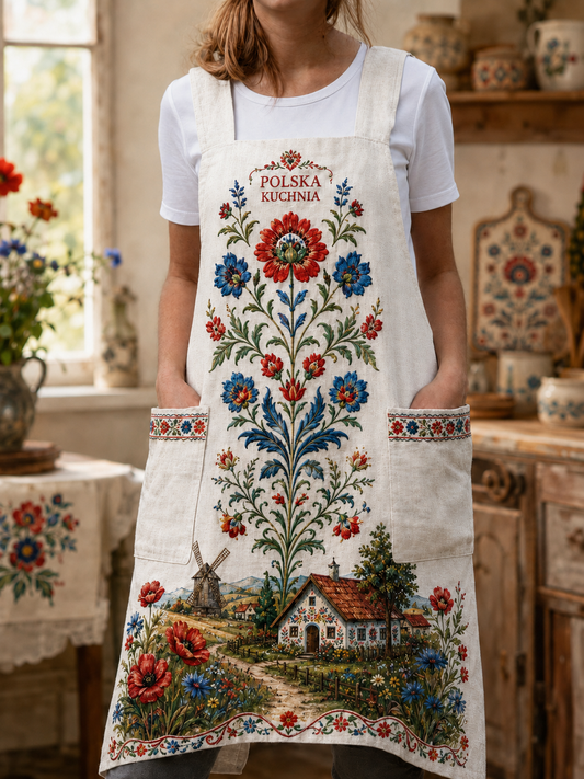 Damski polski fartuszek lniany w stylu vintage z patchworkiem
