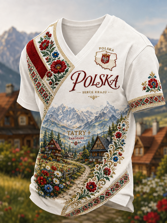 Męski t-shirt z Polską i dekoltem w kształcie litery V