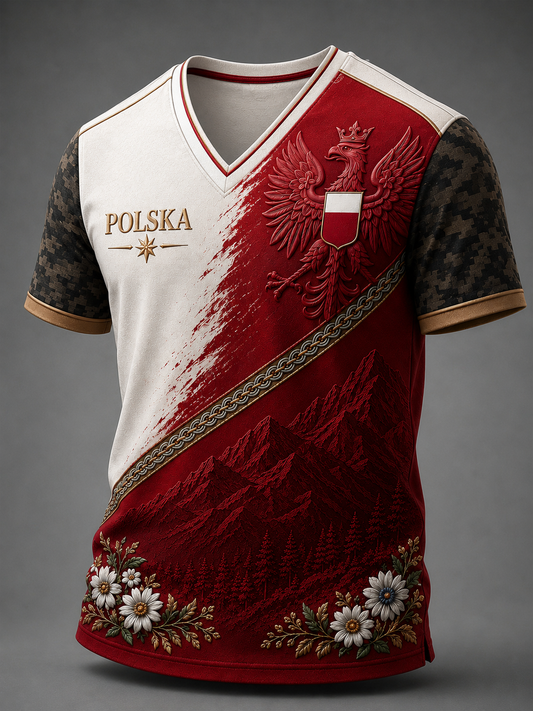 Męski t-shirt z Polską i dekoltem w kształcie litery V
