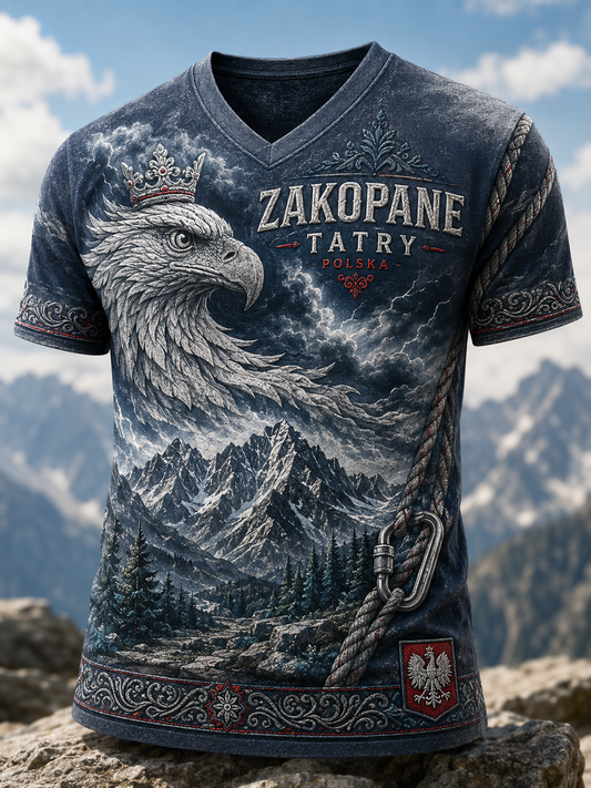 Męski t-shirt z dekoltem w kształcie litery V na polski góralski festiwal Zakopane