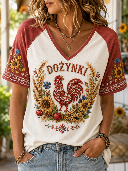 Damski t-shirt z dekoltem w kształcie litery V i opuszczonymi ramionami, z krótkim rękawem, na Dożynki
