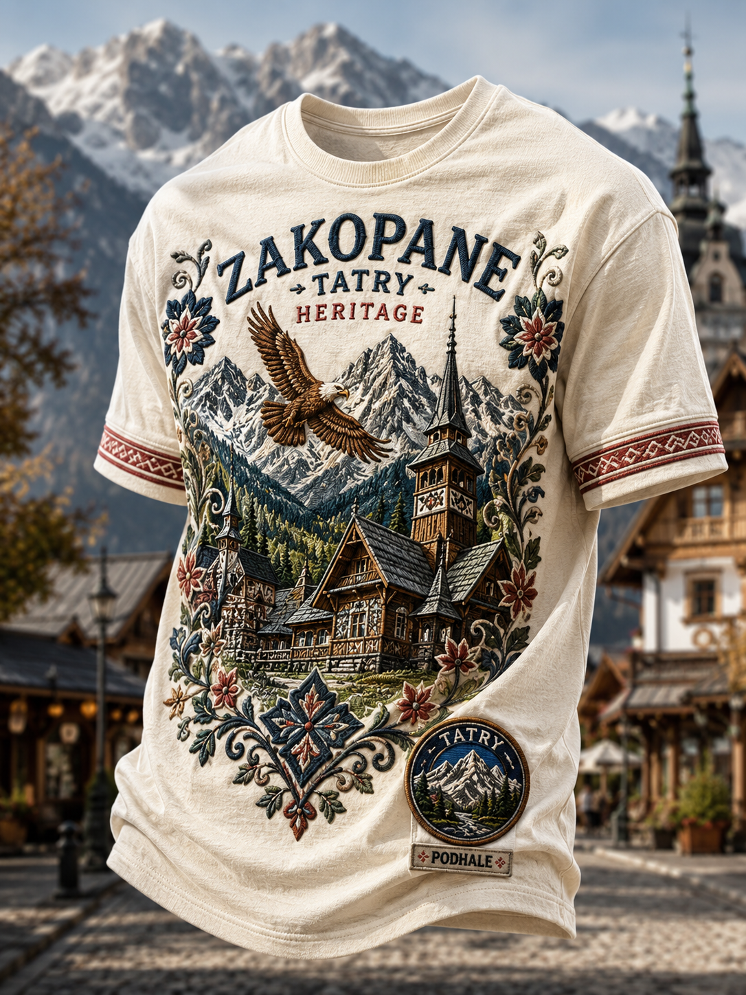 Męski t-shirt z krótkim rękawem z motywem górskiego festiwalu ludowego w Zakopanem