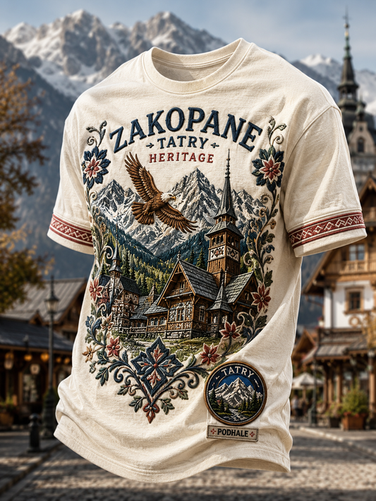 Męski t-shirt z krótkim rękawem z motywem górskiego festiwalu ludowego w Zakopanem