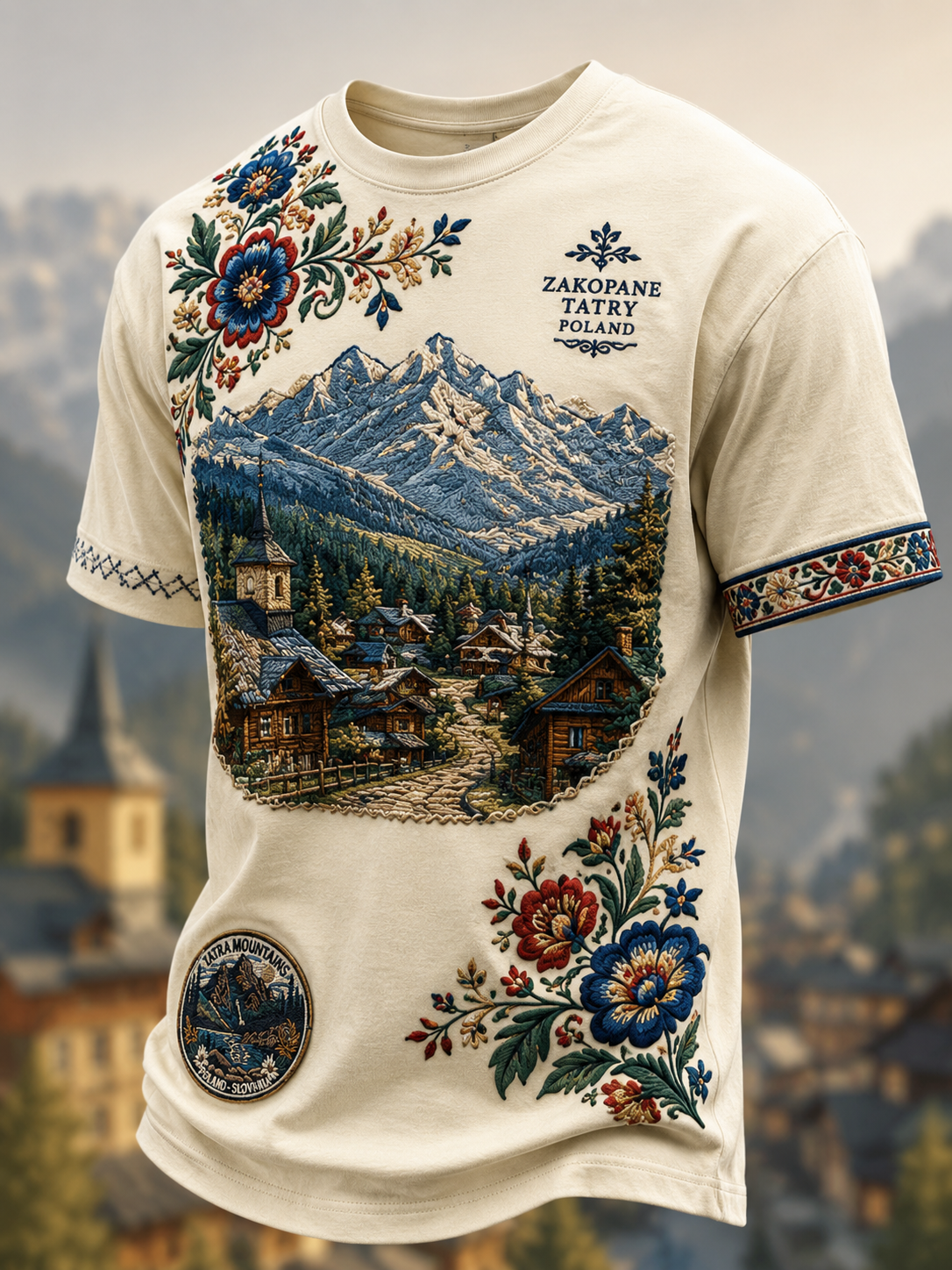Męski t-shirt z krótkim rękawem z motywem górskiego festiwalu ludowego w Zakopanem