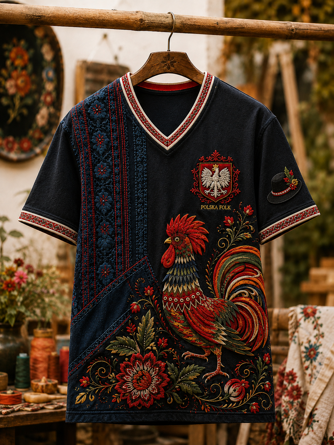 Męski t-shirt z V-kształtnym dekoltem w kolorze polskiej flagi