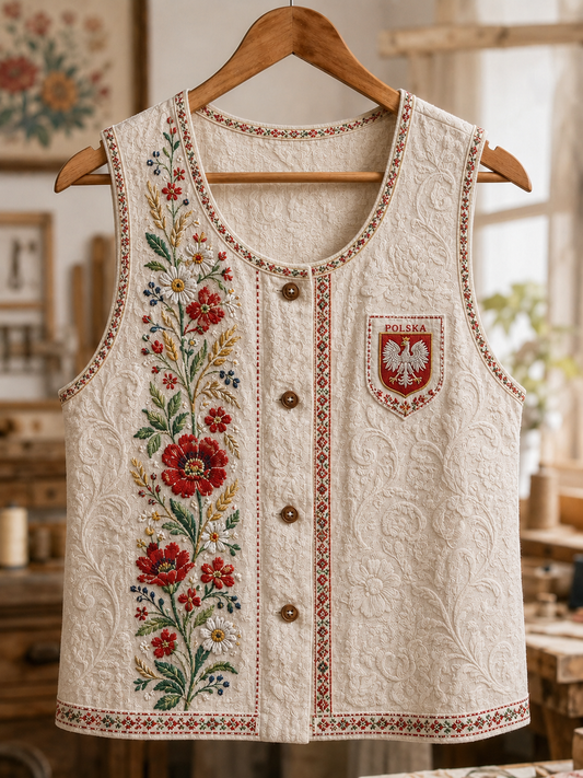 Damski polski kamizelka w stylu retro z kwiatowym motywem etnicznym