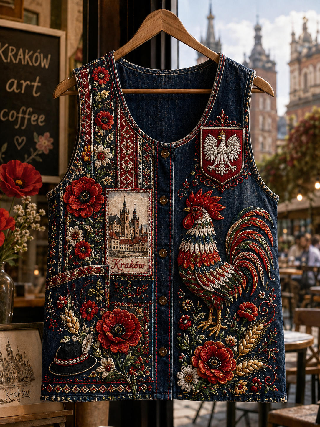Damski polski kamizelka w stylu retro z kwiatowym motywem etnicznym