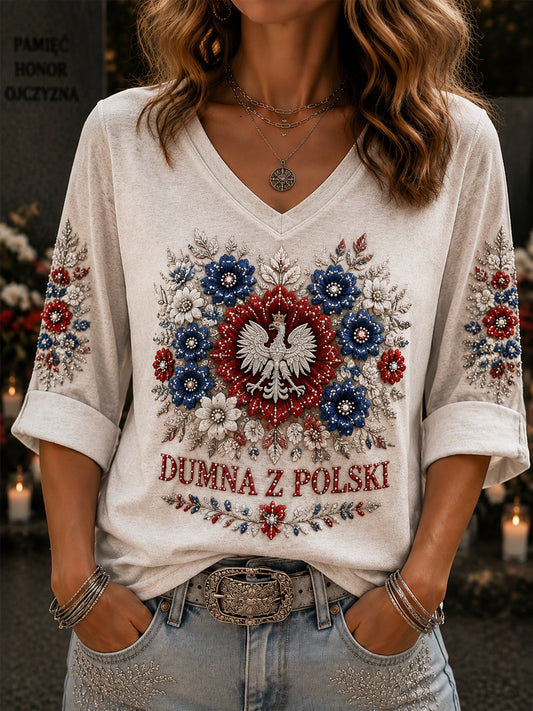 Damska koszulka w stylu retro „ duma Polski ”z kwiatowym dekoltem w szpic