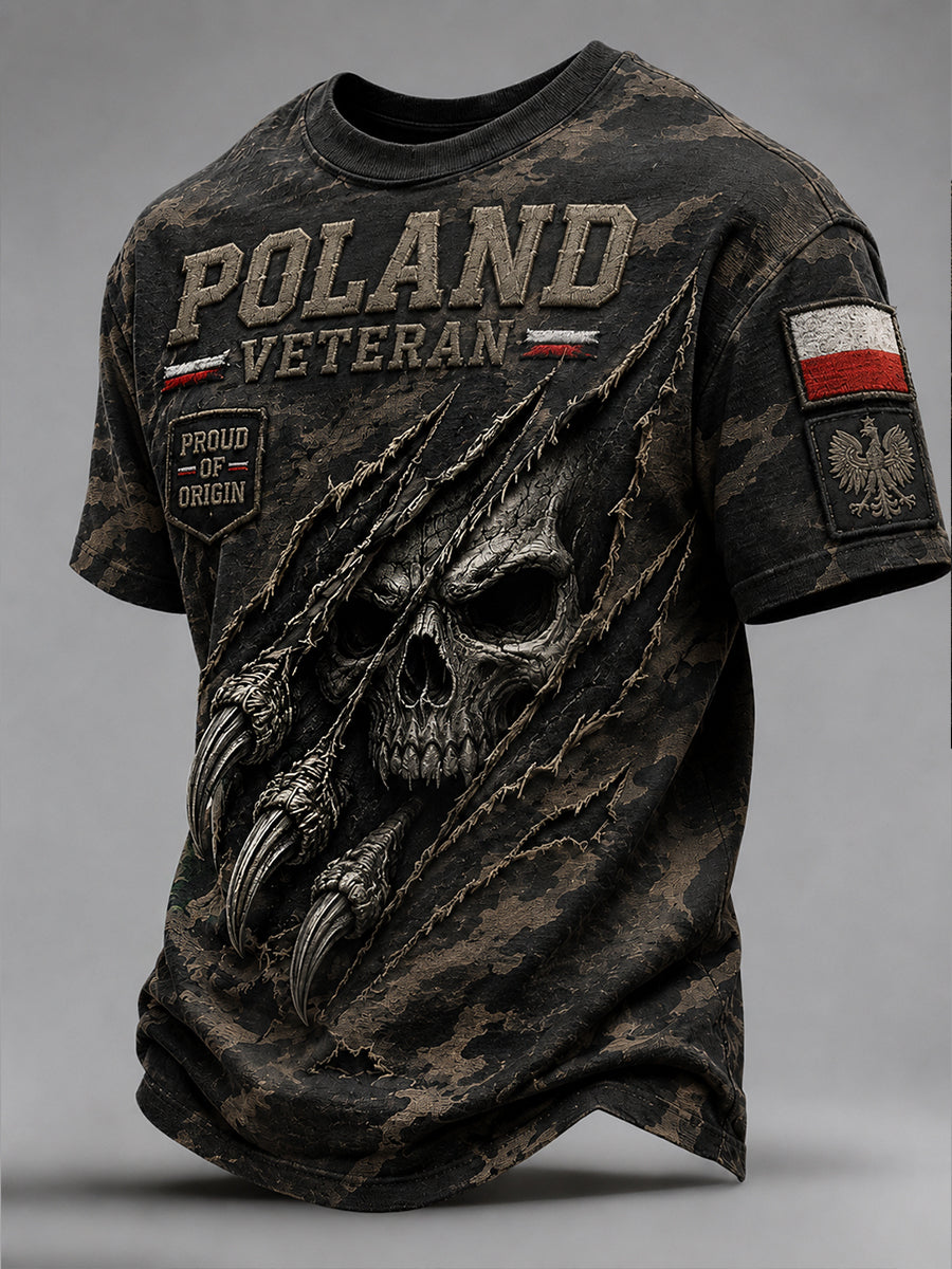 Męski t-shirt w stylu retro z efektem przetarcia, moro, polski nadruk artystyczny, na co dzień