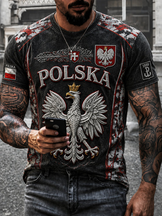 Vintage Polski Orzeł Camo Patchwork Casual T-Shirt