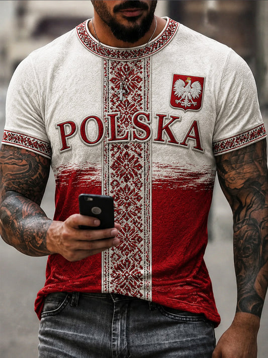 Vintage Polski Orzeł w stylu ludowym Patchwork Casual T-Shirt