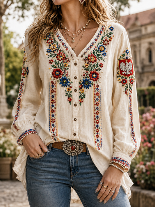 Damska koszula bawełniana Vintage-Style Casual Len-