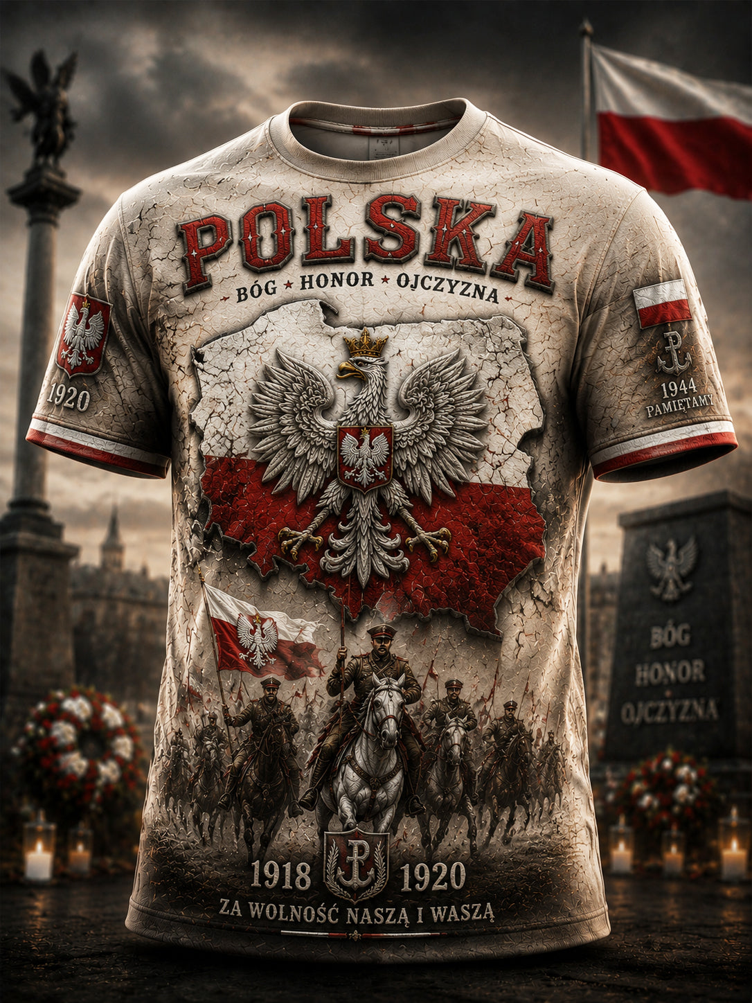 Stary, polski t-shirt patriotyczny z motywem orła i mapy, pamiątkowy