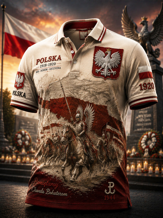Rocznikowy polski koszulowy polo z orłem, patriotyczny, pamiątkowy