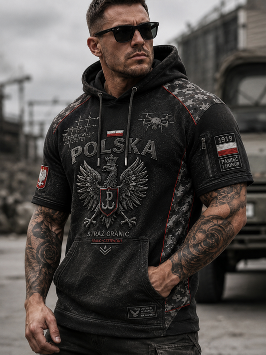 Męski casualowy bluza z kapturem i krótkim rękawem wojsk polskich